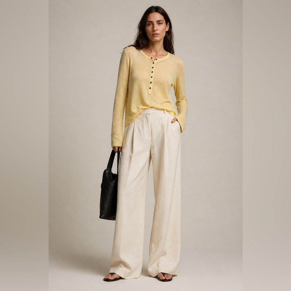 Theory silk linen blend semi sheer long sleeve butter yellow Henley style top. M